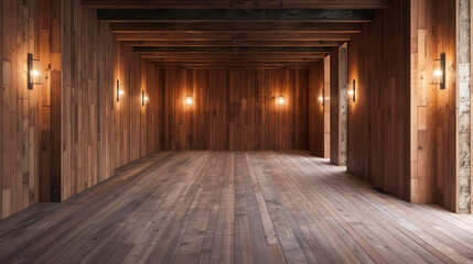 Spacious wooden room with warm lighting, perfect for cozy gatherings or artistic photographs.