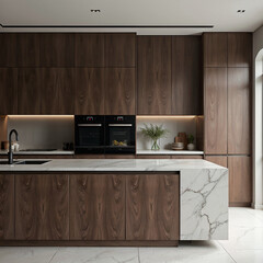 Minimalist modern kitchen with wood cabinetry and marble countertop