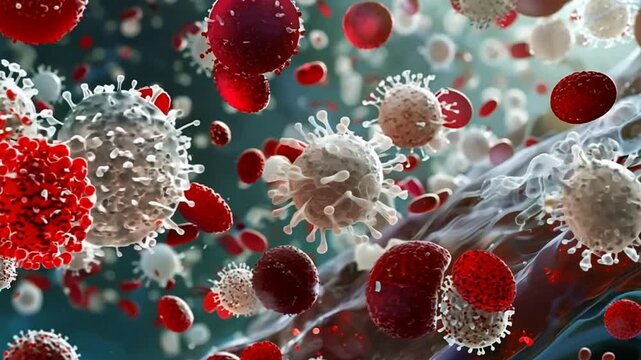 Digital illustration of white blood cells releasing antiviral proteins to inhibit the replication of virus cells and prevent infection spread.
