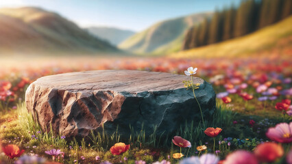 Natural style product display table surrounded by a breathtaking flower garden.