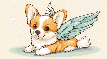 A cute cartoon corgi with a unicorn horn and blue wings is lying on the ground with a cloud and star background.