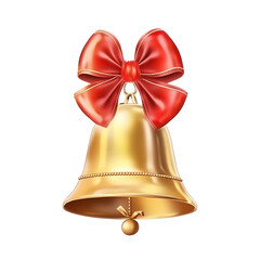 Golden bell with a red ribbon, perfect for Christmas or holiday-themed designs. Isolated on a white background.