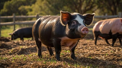 Fototapeta premium stock photography saddleback pigs in a beautiful farm