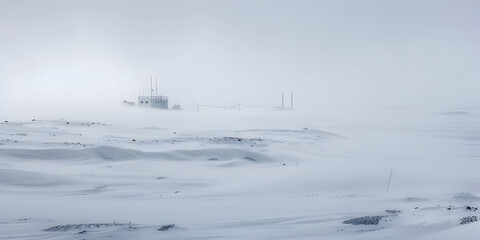 Fototapeta premium Snowy Landscape with a Small Building in the Distance - Photo