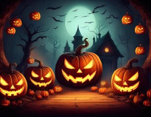 Halloween scene with evil pumpkins