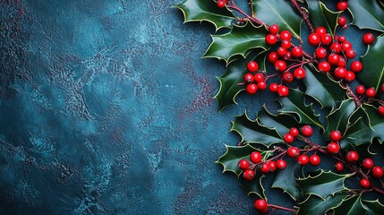 Festive Holly Sprigs: A festive backdrop of holly sprigs with vibrant red berries against a deep blue background. Perfect for holiday cards, invitations, or seasonal designs.  