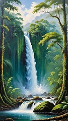 Naklejka premium painting about beautiful rainforest waterfalll