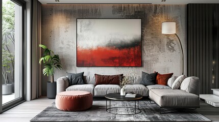 Living room with minimal decor neutral color scheme large abstract art piece floor lamp clean lines digital render