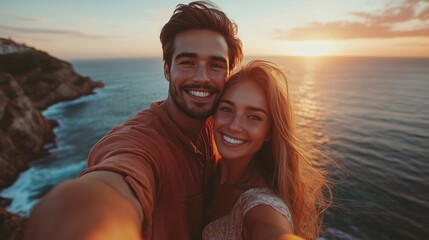 A couple beams with happiness as they take a selfie with a breathtaking ocean sunset in the background. Perfect for promoting romantic and travel experiences.