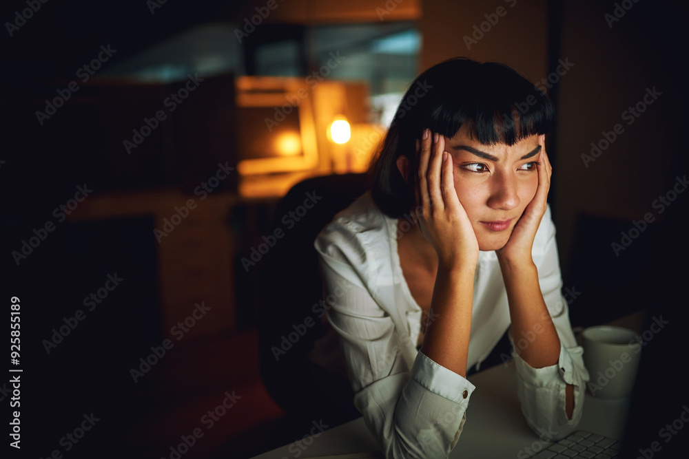Aufkleber asian woman, office and tired at night on computer with reading on internet or online with research 
