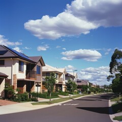 A serene neighborhood with modern houses framed against a backdrop of blue sky and fluffy clouds, epitomizing suburban serenity and communal living.