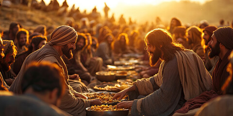 Jesus feeding five thousand, Bible story illustration, Biblical religious stories, Christian faith in God illustrations backgrounds, generated ai