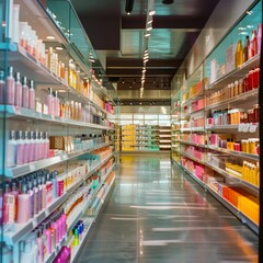 A brightly lit store aisle filled with an array of colorful beauty and skincare products, structured and inviting for customers.