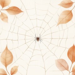 Obraz premium Elegant Spider Web with Autumn Leaves - Minimalist Nature Illustration Featuring a Spider on a Delicate Web Surrounded by Softly Colored Fall Leaves on a Light Background