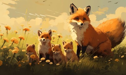 Fototapeta premium A charming fox family playing in a meadow in an illustration