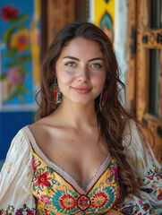 Fototapeta premium Brunette Armenian Woman Smiling Outdoors in Fashionable Style Against Graffiti Wall