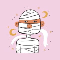 Colorful Cartoon Mummy Illustration with Pink Background