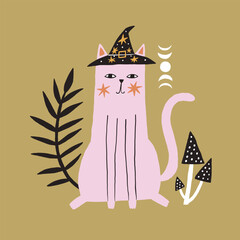 Pink Cat Wearing Witch Hat with Mystical Elements