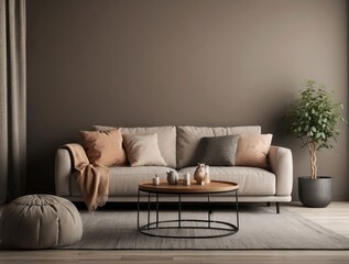 Minimalist Living Room with Beige Sofa and Wooden Coffee Table