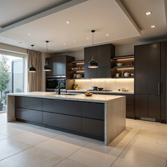 Fototapeta premium Spacious Modern Kitchen with Large Island and Pendant Lighting