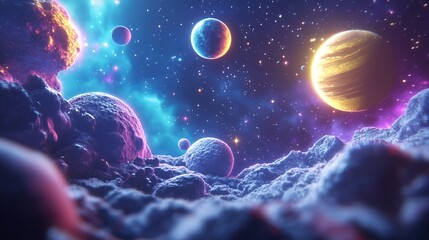 Colorful cosmic landscape with planets and nebulae in deep space