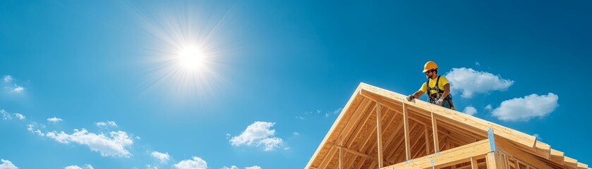 Construction Worker Building Wooden Roof Structure