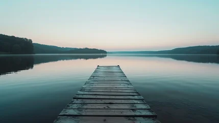  Serene dusk atmosphere over still water with boardwalk © KhaizanGraphic