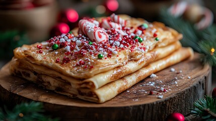 Closeup of a tart slice topped with candy cane crumbles and rolled crepes, served on a rustic wooden board, tart slice candy cane crepes, cozy dessert detail