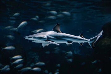 Fototapeta premium Shark swimming in deep ocean water, surrounded by other fish. Marine life exploration. Dark and mysterious theme. Ideal for nature and wildlife projects. Generative AI