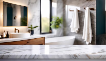 Marble Marvel: Countertop with a Blurred Bathroom Background