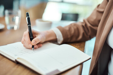 Businesswoman, hands and writing in notebook in office for task list, introduction and conclusion...