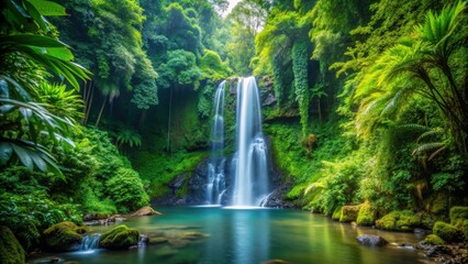 Tropical waterfall surrounded by lush greenery in a vibrant forest setting, Waterfall, Tropical, Forest, Nature, Beauty, Scenic