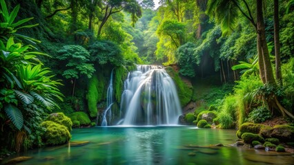Fototapeta premium Tropical forest waterfall surrounded by lush green vegetation and flowing water, nature, beauty, waterfall, tropical