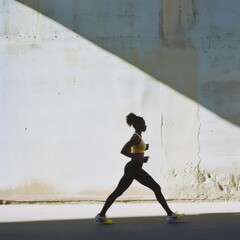 Fototapeta premium A woman in athletic wear jogs along a sunlit, empty street, the sun casting strong shadows and highlighting her silhouette with a sense of determination and motion.