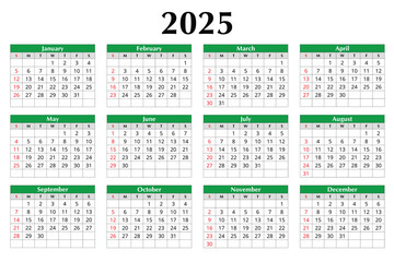2025 english vector calendar. Modern, clean design with 12 months. Customizable for digital or print use
