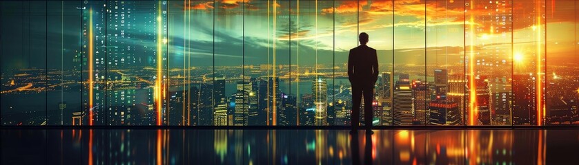 A silhouette of a man gazing at a vibrant city skyline during sunset, reflecting urban dreams and aspirations.