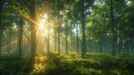 Serene forest with sunbeams filtering through the trees, creating a peaceful atmosphere