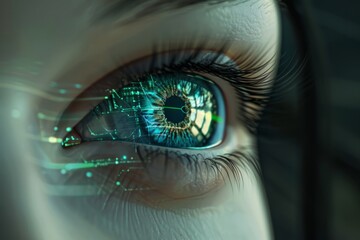 Close-up of an eye with technological themes. Vibrant colors and digital effects create a futuristic feel. Ideal for science fiction, technology and innovation projects. Generative AI
