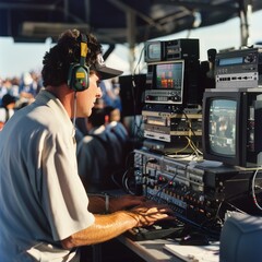 A technician in headphones operates sophisticated video and audio equipment at a live event, with multiple screens and a crowded background.