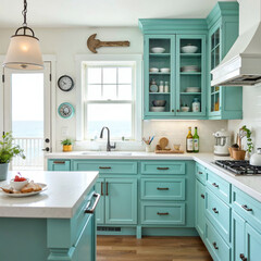 Fototapeta premium Coastal kitchen with turquoise cabinets and ocean view