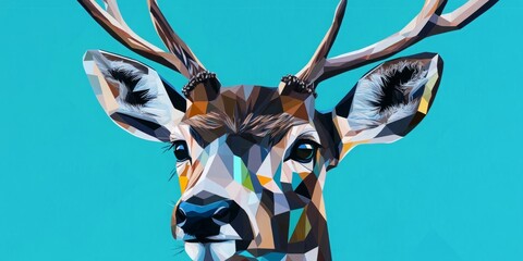 Stylized Majesty: A Modern and Minimalist Deer Illustration with Geometric Antlers on a Blue Background