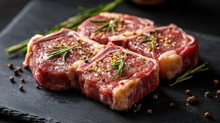 Fresh lamb chops seasoned with herbs on a black serving slate