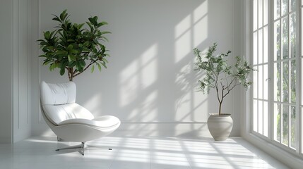 A white room with a window, white walls, and a minimalistic interior design of the living room create a cozy atmosphere.