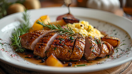 Magret de Canard in a white plate, in a luxurious shop.