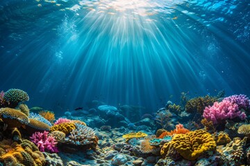 Colorful underwater coral reef beneath sunrays in clear blue sea. Vivid and detailed marine life captured in realism. Perfect for nature and ocean-themed projects. Generative AI