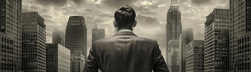 A businessman gazes at a city skyline, reflecting ambition and determination amidst towering skyscrapers in a monochrome setting.