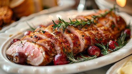 Magret de Canard in a white plate, in a luxurious shop.