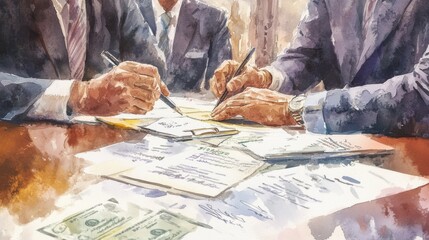 Business meeting, contracts and money on table, formal tone, watercolor style