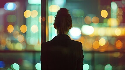 A silhouette of a woman gazing out at a vibrant cityscape illuminated by colorful lights at night, evoking a sense of wonder.