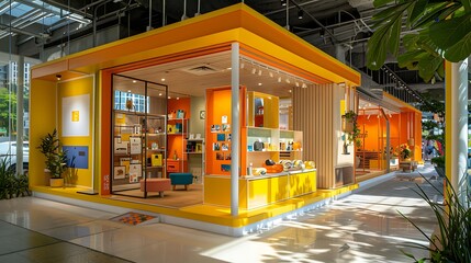 An innovative pop-up shop with a temporary setup, creative displays showcasing unique products, curious shoppers exploring, bright and sunny day, vibrant and energetic atmosphere,
